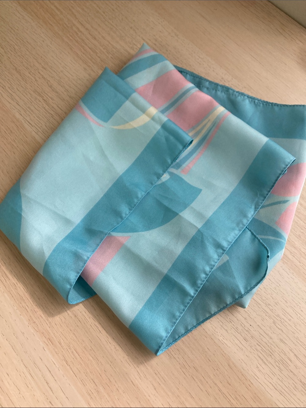 Pastel Blue and Pink Floral Silk Scarf, 30”x 30” square, triangular top - Picture 2 of 5